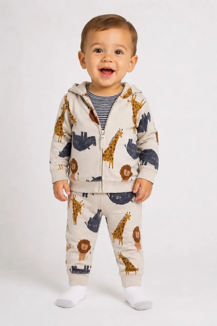 Carter's Baby 12M 3PC Safari Animal Hoodie Bodysuit Pants Set Lion Giraffe NEW